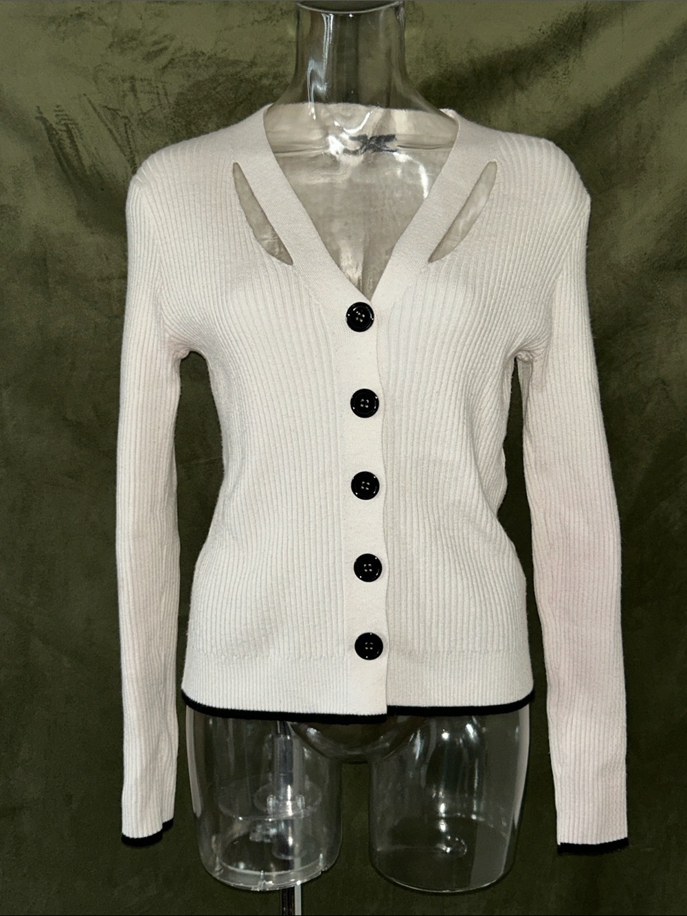 MOTF Ivory V-Neck Ribbed Button Cardigan with Black Trim